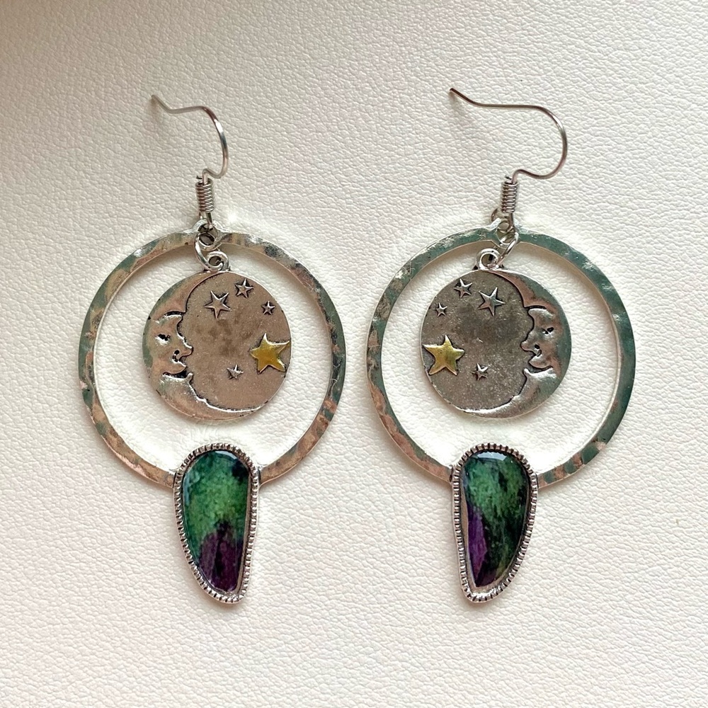 Handmade silver moon and star earrings